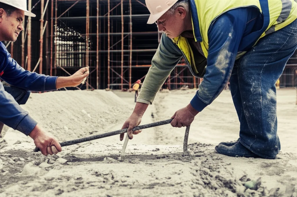 Fotografia in stile reportage, obiettivo 50mm, che ritrae una mano anziana (simbolo FGW) che passa un attrezzo da lavoro a una mano più giovane (simbolo NGMW) davanti a un cantiere edile cinese. Profondità di campo media, luce naturale del tardo pomeriggio, per simboleggiare il passaggio generazionale, le sfide condivise e le diverse traiettorie di vita dei lavoratori migranti influenzate da infanzia e famiglia.