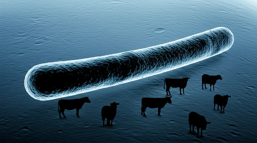 Immagine concettuale di un batterio Pasteurella multocida ingrandito al microscopio elettronico, sovrapposto a una silhouette di bestiame (bovini, ovini), obiettivo macro 100mm, alta definizione, illuminazione drammatica.