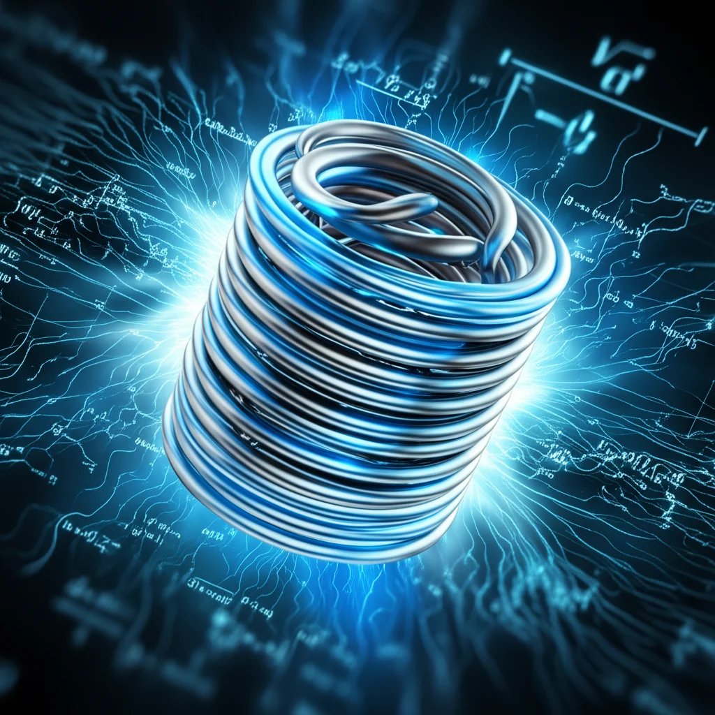Immagine concettuale di un nucleo magnetico nanocristallino stilizzato, luminoso e avvolto da spire energetiche, con sovrapposizioni grafiche di equazioni di derivate frazionarie che fluttuano attorno ad esso, simboleggiando l'innovativa modellazione delle perdite energetiche, obiettivo 35mm, profondità di campo ridotta, toni blu elettrico e argento duotone.
