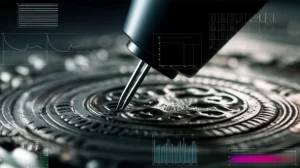 Immagine concettuale di una sonda elettrochimica avanzata che analizza la superficie corrosa di un prezioso artefatto metallico antico, con grafici di dati elettrochimici sovrapposti digitalmente. Illuminazione drammatica, stile cinematografico, lente prime 50mm, per evidenziare il contrasto tra antico e moderno e la delicatezza dell'operazione.