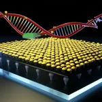 Immagine concettuale fotorealistica di un biosensore avanzato: un chip GFET (transistor a effetto di campo a base di grafene) con nanoparticelle d'oro visibili su cui sono ancorate molecole di DNA reporter a forcina. Un complesso proteico CRISPR-Cas10 stilizzato si lega a un filamento di RNA bersaglio, innescando il taglio del DNA. Effetto di luce sottile che evidenzia l'interazione molecolare. Lente macro 85mm, illuminazione da studio controllata, alta definizione, sfondo leggermente sfocato per enfasi.