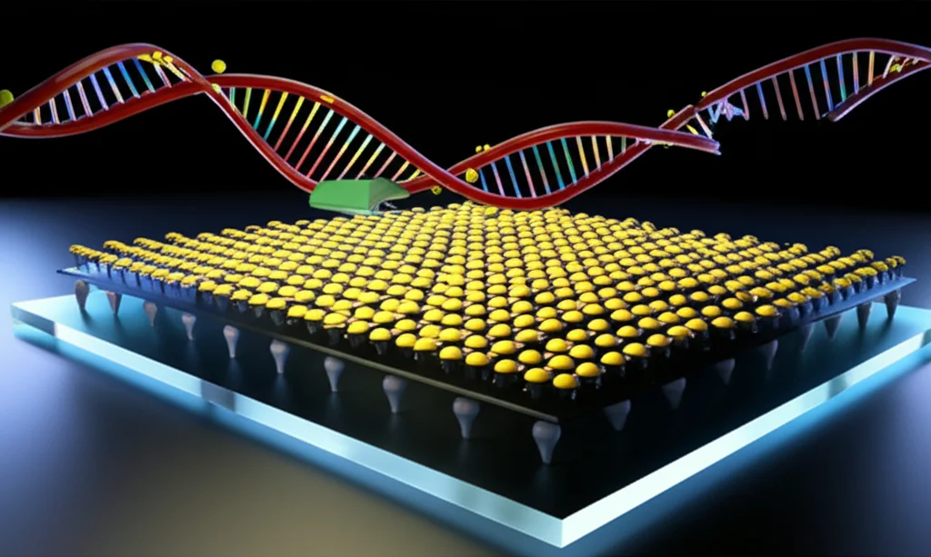 Immagine concettuale fotorealistica di un biosensore avanzato: un chip GFET (transistor a effetto di campo a base di grafene) con nanoparticelle d'oro visibili su cui sono ancorate molecole di DNA reporter a forcina. Un complesso proteico CRISPR-Cas10 stilizzato si lega a un filamento di RNA bersaglio, innescando il taglio del DNA. Effetto di luce sottile che evidenzia l'interazione molecolare. Lente macro 85mm, illuminazione da studio controllata, alta definizione, sfondo leggermente sfocato per enfasi.