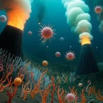 Immagine fotorealistica di un ecosistema di sorgente idrotermale abissale, con imponenti camini neri ('black smokers') che emettono fumo scuro e caldo, circondati da colonie batteriche filamentose dai colori vivaci (bianco, giallo, arancione) e da fauna specializzata come vermi tubo rossi. In primo piano, una rappresentazione artistica ma scientificamente accurata di diverse particelle virali batteriofagi endemiche, fluttuanti nell'acqua turbolenta. Obiettivo grandangolare 24mm per catturare sia i dettagli ravvicinati dei microbi e virus che l'ambiente oscuro e vasto circostante. Profondità di campo ampia. Illuminazione drammatica proveniente dai fluidi idrotermali incandescenti e dalle luci di un sottomarino fuori campo.