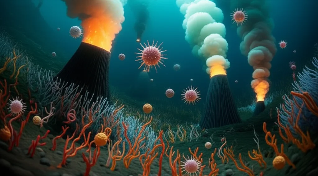 Immagine fotorealistica di un ecosistema di sorgente idrotermale abissale, con imponenti camini neri ('black smokers') che emettono fumo scuro e caldo, circondati da colonie batteriche filamentose dai colori vivaci (bianco, giallo, arancione) e da fauna specializzata come vermi tubo rossi. In primo piano, una rappresentazione artistica ma scientificamente accurata di diverse particelle virali batteriofagi endemiche, fluttuanti nell'acqua turbolenta. Obiettivo grandangolare 24mm per catturare sia i dettagli ravvicinati dei microbi e virus che l'ambiente oscuro e vasto circostante. Profondità di campo ampia. Illuminazione drammatica proveniente dai fluidi idrotermali incandescenti e dalle luci di un sottomarino fuori campo.