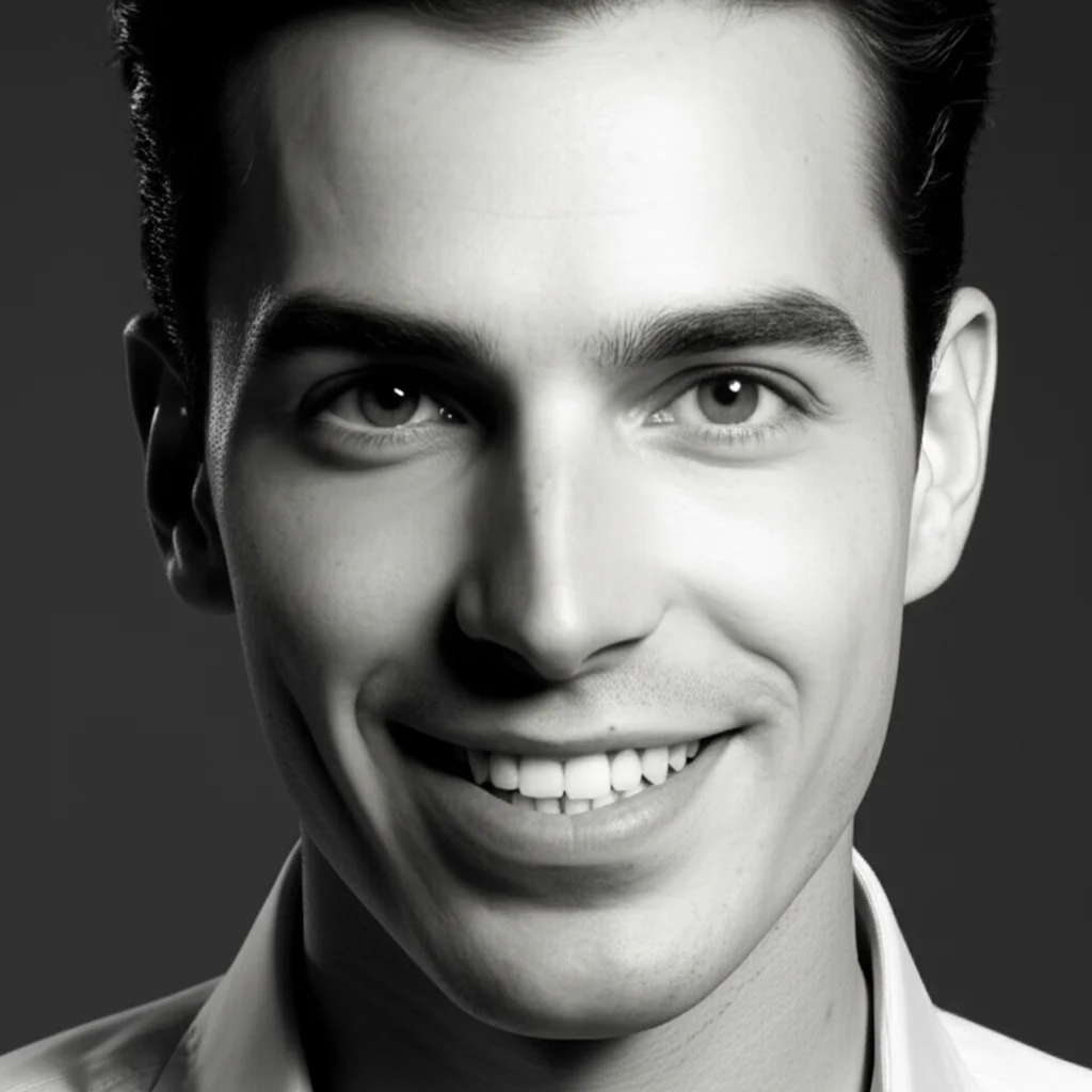 Ritratto fotografico di un giovane adulto pensieroso, stile film noir, 35mm, con un leggero sorriso che lascia intravedere denti sani, simboleggiando il legame tra capacità intellettive e salute orale.