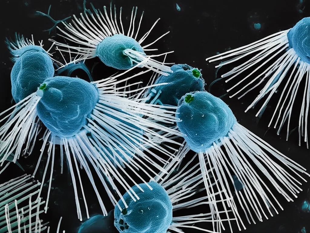 Un'immagine al microscopio elettronico a scansione, altamente dettagliata e fotorealistica, di batteri Pseudomonas protegens. Alcuni batteri mostrano chiaramente sulla loro superficie le strutture delle R-tailocine pronte al rilascio. L'immagine dovrebbe avere un'illuminazione da laboratorio controllata, resa con un obiettivo macro da 90mm per catturare la texture e i dettagli fini delle cellule batteriche e delle particelle virali. Effetto di profondità di campo per mettere a fuoco un gruppo di batteri in primo piano.