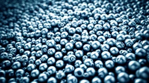 Visualizzazione artistica ma fotorealistica di nanoparticelle bimetalliche AgRe scintillanti su un supporto poroso di allumina, con molecole di immide che si trasformano in lattami intorno ad esse. Illuminazione drammatica, profondità di campo ridotta, colori blu e argento duotone.