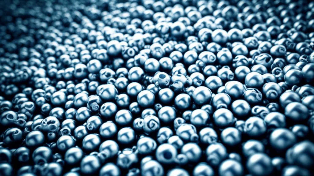 Visualizzazione artistica ma fotorealistica di nanoparticelle bimetalliche AgRe scintillanti su un supporto poroso di allumina, con molecole di immide che si trasformano in lattami intorno ad esse. Illuminazione drammatica, profondità di campo ridotta, colori blu e argento duotone.