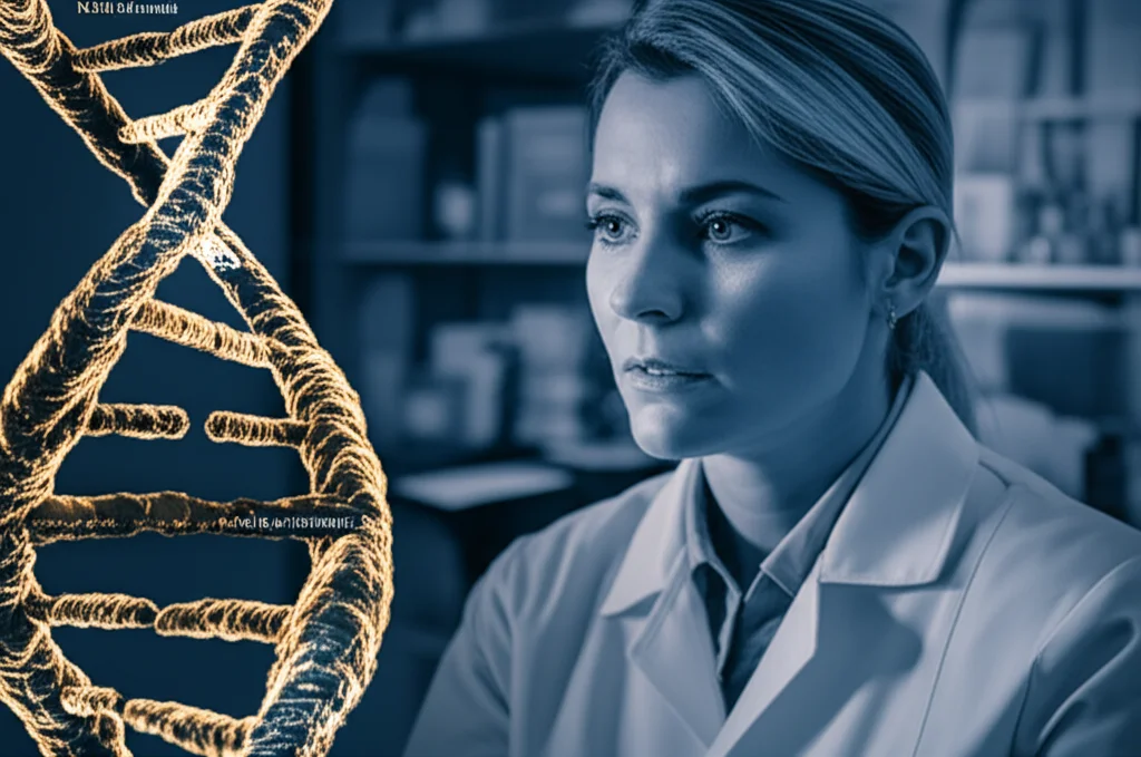 Fotografia ritratto, obiettivo 35mm, profondità di campo, bicromia (blu profondo e oro tenue). Una ricercatrice o scienziata dall'aria preoccupata ma speranzosa osserva pensierosa un complesso modello molecolare di DNA con la proteina NEIL3 evidenziata. Lo sfondo è un laboratorio leggermente sfocato.