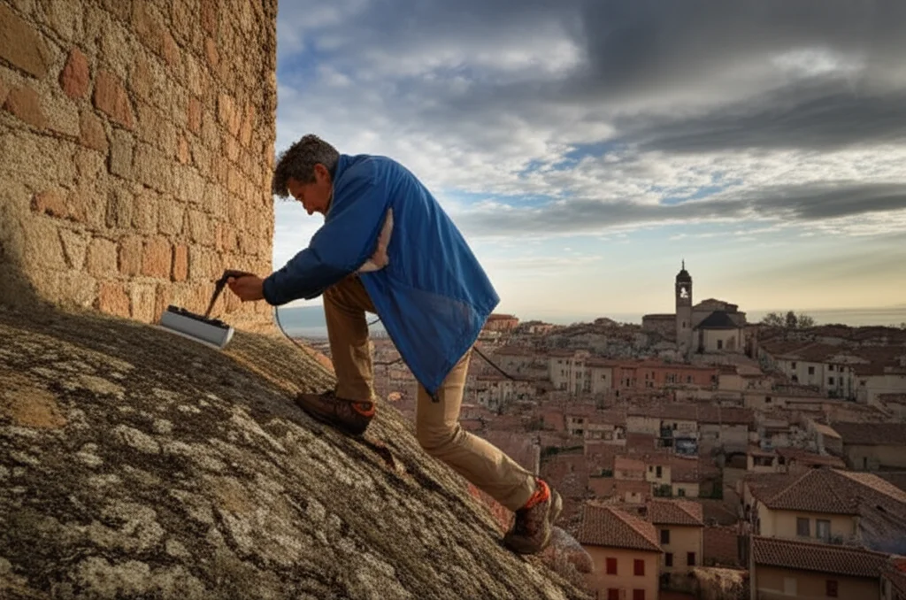 Geologo che utilizza uno strumento Equotip su un affioramento roccioso alla base di un antico edificio in pietra, con il centro storico di Camerino visibile sullo sfondo sotto un cielo drammatico. Obiettivo prime 35mm, profondità di campo per separare il soggetto dallo sfondo, illuminazione naturale che evidenzia la texture della roccia e dell'edificio.