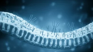 Immagine concettuale con obiettivo prime da 35mm, profondità di campo accentuata, che mostra una sezione astratta della mucosa intestinale con simboli luminosi di anticorpi (blu) che interagiscono con essa, in una palette duotone blu e grigia, evocando un'atmosfera scientifica e di ricerca.
