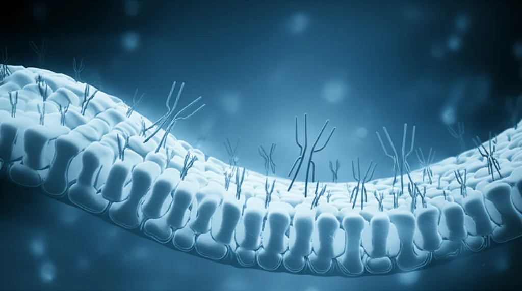Immagine concettuale con obiettivo prime da 35mm, profondità di campo accentuata, che mostra una sezione astratta della mucosa intestinale con simboli luminosi di anticorpi (blu) che interagiscono con essa, in una palette duotone blu e grigia, evocando un'atmosfera scientifica e di ricerca.