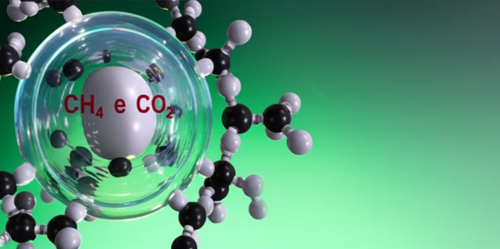 Immagine concettuale fotorealistica, 35mm prime lens, che mostra una molecola di biogas (CH4 e CO2) che interagisce con una superficie catalitica stilizzata (NiMo/MgO), trasformandosi in molecole di syngas (H2 e CO) e filamenti di nanotubi di carbonio neri, sfondo astratto verde e blu che simboleggia energia rinnovabile e tecnologia pulita, profondità di campo.