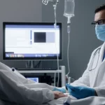 Immagine fotorealistica di un medico in terapia intensiva che osserva attentamente i monitor di un paziente critico, simboleggiando la sfida della diagnosi precoce e della predizione della candidosi invasiva. Obiettivo prime 35mm, profondità di campo che sfoca leggermente lo sfondo, illuminazione drammatica ma realistica, stile film noir.