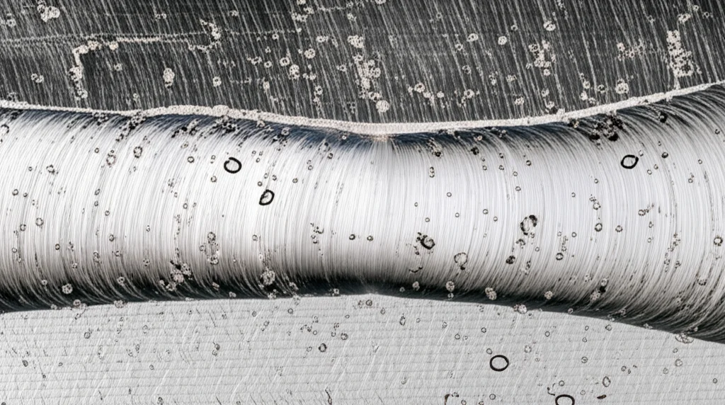 Macro photography showing a cross-section of a friction stir welded aluminum joint reinforced with fine particles, high detail, precise focusing, controlled lighting.