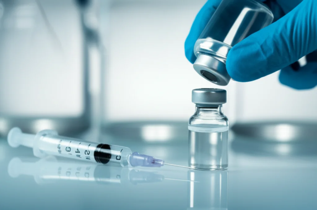 Primo piano di una fiala di vaccino con una siringa, su uno sfondo leggermente sfocato di un moderno laboratorio di ricerca, alta definizione, messa a fuoco precisa, obiettivo macro 100mm, illuminazione controllata.