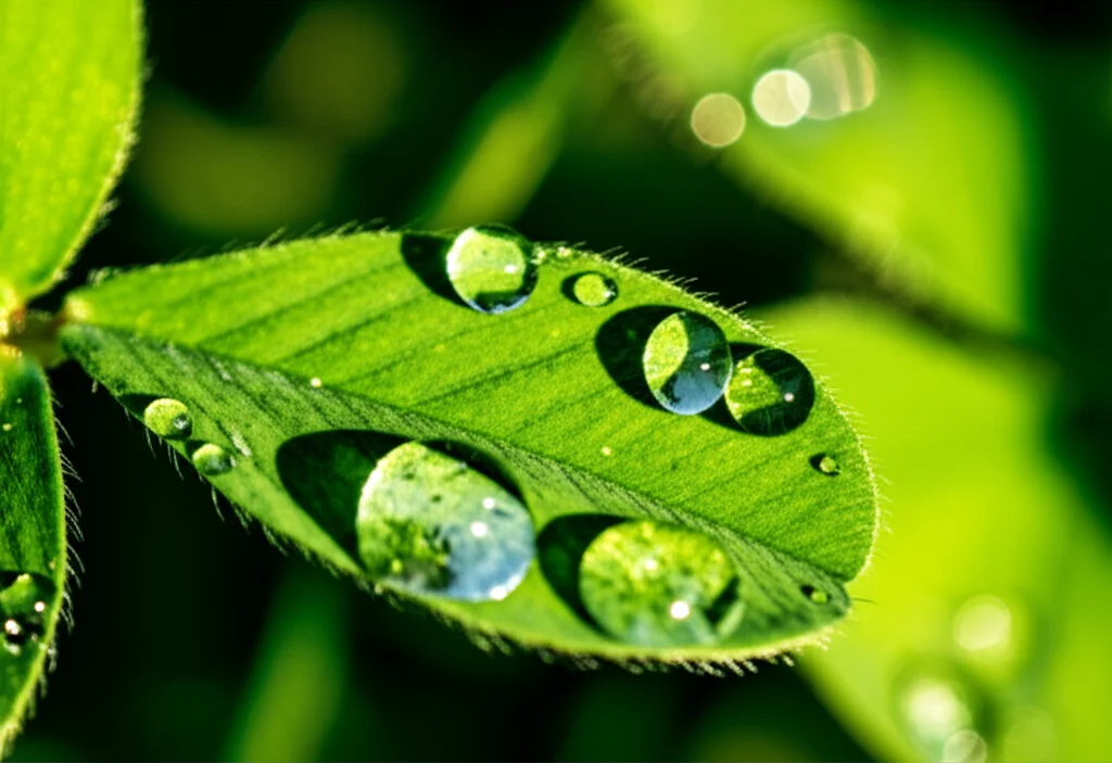 Primo piano macro di una foglia di erba medica (Medicago sativa) con gocce di rugiada brillanti alla luce del mattino, obiettivo macro 100mm, alta definizione, messa a fuoco precisa sulla nervatura e sui tricomi della foglia, illuminazione naturale morbida, sfondo verde bokeh sfocato.