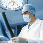 Un chirurgo ortopedico, con indosso camice e mascherina, esamina attentamente una radiografia di un'articolazione (anca, ginocchio o spalla) in una sala operatoria moderna e ben illuminata. Fotografia stile ritratto, obiettivo 35mm, con leggero effetto 'depth of field' per mettere a fuoco il chirurgo e la radiografia, lasciando lo sfondo leggermente sfocato.