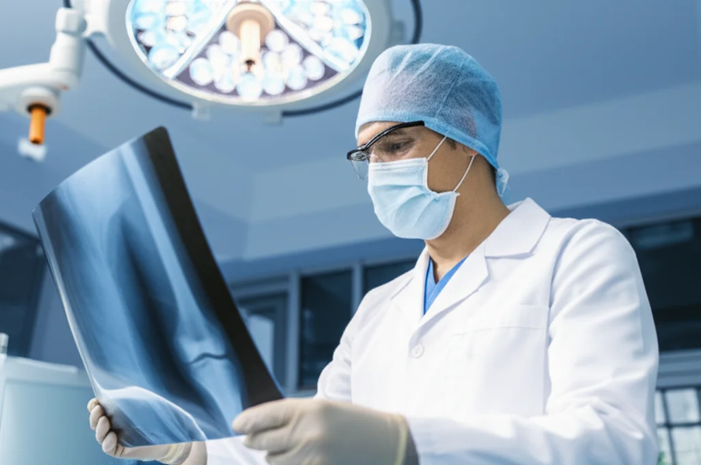 Un chirurgo ortopedico, con indosso camice e mascherina, esamina attentamente una radiografia di un'articolazione (anca, ginocchio o spalla) in una sala operatoria moderna e ben illuminata. Fotografia stile ritratto, obiettivo 35mm, con leggero effetto 'depth of field' per mettere a fuoco il chirurgo e la radiografia, lasciando lo sfondo leggermente sfocato.