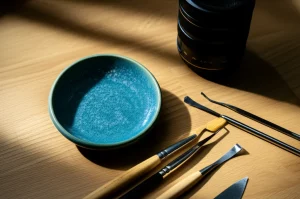 Un frammento di ceramica Jun della dinastia Yuan, con la sua caratteristica smaltatura blu-verdastra opalescente, appoggiato su un tavolo da archeologo. Accanto, strumenti di scavo come pennelli e piccole spatole. Macro lens, 80mm, high detail, precise focusing, controlled lighting, luce soffusa da una finestra laterale che crea ombre morbide.