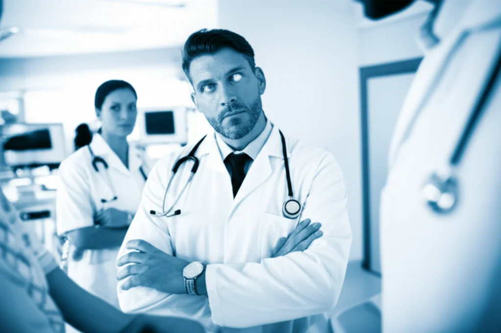 Un giovane medico specializzando, con espressione determinata ma sotto pressione, guida un team di rianimazione in un'affollata stanza d'ospedale. L'immagine è un ritratto d'azione, scattata con un obiettivo da 35mm, utilizzando una palette di colori duotone blu e grigio per accentuare la tensione e la professionalità del momento, con una profondità di campo che sfoca leggermente lo sfondo per mantenere il focus sul leader e sul team immediatamente circostante.