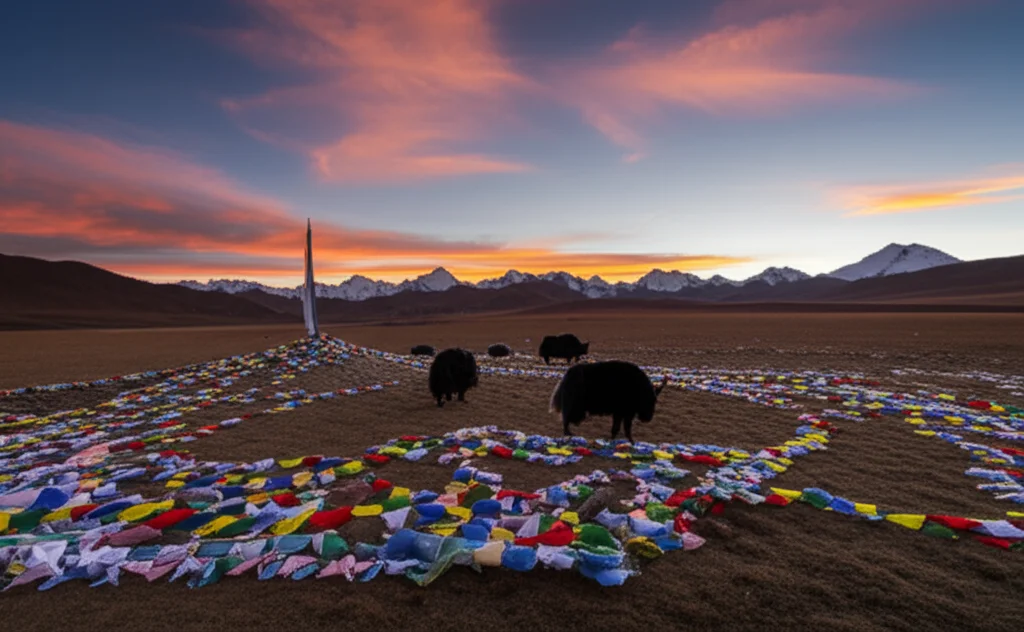 Un paesaggio mozzafiato dell'altopiano tibetano al tramonto, con yaks che pascolano e bandiere di preghiera che sventolano. Obiettivo grandangolare 14mm, lunga esposizione per nuvole setose, colori saturi del crepuscolo, per simboleggiare la bellezza e le sfide della vita ad alta quota legate alla salute.