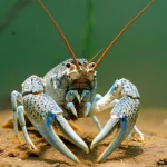 Un primo piano dettagliato di un gambero segnaletico (Pacifastacus leniusculus) che emerge da sotto una roccia in un fiume limpido, con le sue chele prominenti in evidenza. Macro lens, 90mm, illuminazione laterale per creare ombre e profondità, alta definizione dei dettagli del carapace.