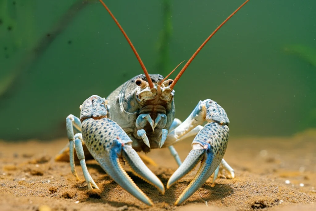 Un primo piano dettagliato di un gambero segnaletico (Pacifastacus leniusculus) che emerge da sotto una roccia in un fiume limpido, con le sue chele prominenti in evidenza. Macro lens, 90mm, illuminazione laterale per creare ombre e profondità, alta definizione dei dettagli del carapace.