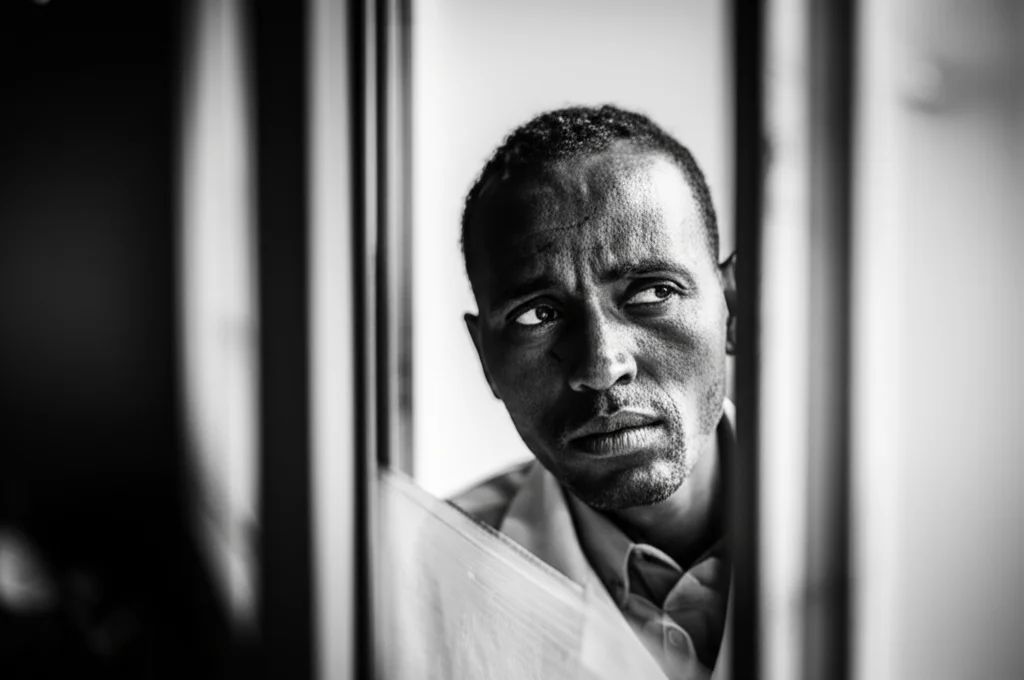 Un ritratto intenso di un operatore sanitario etiope che guarda pensieroso fuori da una finestra in un centro medico di Addis Abeba. 35mm portrait, black and white film, Depth of field, per trasmettere la serietà e l'impegno nella lotta alla tubercolosi.