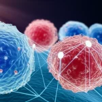 Un'immagine concettuale di macrofagi che interagiscono con cellule di osteosarcoma, con elementi grafici che simboleggiano l'analisi tramite machine learning e la personalizzazione della terapia. Macro lens, 80mm, illuminazione drammatica laterale, alta definizione, per illustrare l'intersezione tra biologia e tecnologia.