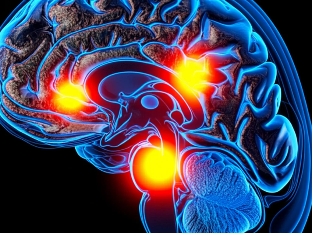 Visualizzazione artistica e scientifica del cervello umano con focus sui ventricoli e sui percorsi cellulari di piroptosi e autofagia, illuminazione high-tech che evidenzia i dettagli molecolari, obiettivo macro 80mm, alta definizione.
