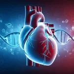 Visualizzazione astratta del cuore umano intrecciato con misurazioni della composizione corporea (simboli per massa grassa e magra) e filamenti di DNA fluttuanti. Stile fotorealistico, illuminazione drammatica con toni blu e rossi, focus nitido sul cuore, obiettivo 35mm, profondità di campo.