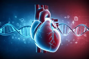Visualizzazione astratta del cuore umano intrecciato con misurazioni della composizione corporea (simboli per massa grassa e magra) e filamenti di DNA fluttuanti. Stile fotorealistico, illuminazione drammatica con toni blu e rossi, focus nitido sul cuore, obiettivo 35mm, profondità di campo.