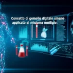Concetto di gemello digitale umano applicato al mieloma multiplo: una silhouette umana stilizzata composta da punti dati luminosi e connessioni neurali, affiancata da grafici medici dinamici e provette di sangue virtuali. Obiettivo grandangolare 24mm, sfondo tecnologico astratto blu scuro, sharp focus sui dettagli digitali.