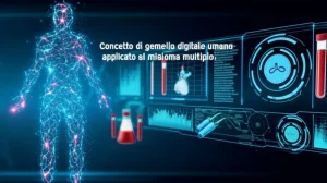 Concetto di gemello digitale umano applicato al mieloma multiplo: una silhouette umana stilizzata composta da punti dati luminosi e connessioni neurali, affiancata da grafici medici dinamici e provette di sangue virtuali. Obiettivo grandangolare 24mm, sfondo tecnologico astratto blu scuro, sharp focus sui dettagli digitali.
