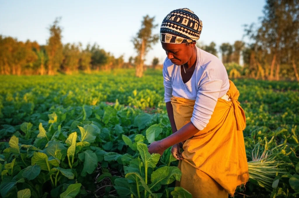 Fotografia di paesaggio grandangolare, obiettivo 20mm, che mostra un campo coltivato a Enset nel Sud dell'Etiopia, con una donna Gurage che lavora la pianta in primo piano sfocato, luce calda del mattino, messa a fuoco nitida sul paesaggio agricolo. Wide-angle, 10-24mm, sharp focus.