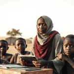 Fotografia di ritratto di un insegnante sudanese che tiene una lezione improvvisata a un piccolo gruppo di bambini attenti in un campo profughi, con lavagne di fortuna e pochi materiali. Luce del tardo pomeriggio, obiettivo da 35mm, effetto duotone seppia e grigio per sottolineare la resilienza e le difficoltà.