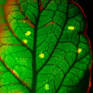 Fotografia macro, obiettivo 100mm, di una foglia di Nicotiana benthamiana con un'area illuminata che mostra microscopicamente cellule vegetali interagenti con batteri Agrobacterium. Alcune cellule brillano di fluorescenza verde e rossa, simboleggiando l'espressione genica. Luce laterale controllata per creare profondità e dettaglio, alta risoluzione, con un leggero effetto bokeh sullo sfondo per concentrare l'attenzione sull'interazione.