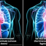 Illustrazione medica fotorealistica che mostra un confronto fianco a fianco dell'anatomia toracica e addominale normale (cuore a sinistra, fegato a destra) e del situs inversus totalis (cuore a destra, fegato a sinistra). Macro lens, 100mm, high detail, precise focusing, controlled lighting, stile da atlante anatomico.