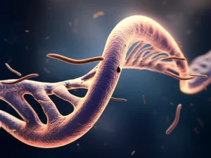 Immagine concettuale di filamenti di DNA che si intrecciano con la sagoma stilizzata del verme Ascaris lumbricoides, a simboleggiare l'epidemiologia molecolare. Illuminazione drammatica, high detail, macro lens, 60mm.