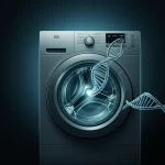 Immagine concettuale di una lavatrice con eliche di DNA stilizzate che fluttuano tra i vestiti, illuminazione drammatica, obiettivo 35mm per un effetto quasi cinematografico, duotone blu e grigio per un'atmosfera investigativa.