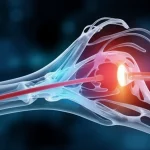 Immagine concettuale fotorealistica che mostra onde ultrasoniche focalizzate che convergono su un nervo stilizzato, simboleggiando la neurotomia non invasiva per la preparazione all'innesto nervoso. Profondità di campo, illuminazione drammatica, obiettivo prime 35mm.