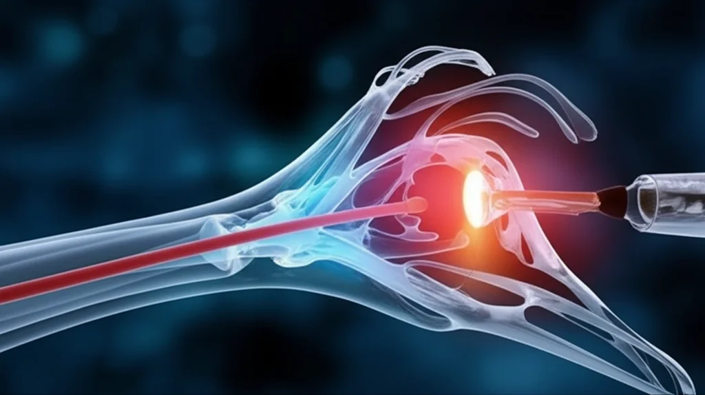 Immagine concettuale fotorealistica che mostra onde ultrasoniche focalizzate che convergono su un nervo stilizzato, simboleggiando la neurotomia non invasiva per la preparazione all'innesto nervoso. Profondità di campo, illuminazione drammatica, obiettivo prime 35mm.