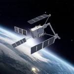 Immagine fotorealistica di un veicolo spaziale avanzato con componenti rigidi e flessibili (come pannelli solari estesi e un braccio robotico) fluttuante nello spazio profondo vicino a un pianeta nebuloso, fotografia astronomica, obiettivo grandangolare 20mm, messa a fuoco nitida sui dettagli del satellite, lunga esposizione per catturare la luce stellare fioca, illuminazione suggestiva dalla nebulosa vicina.