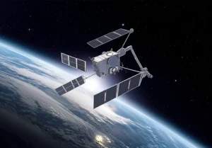 Immagine fotorealistica di un veicolo spaziale avanzato con componenti rigidi e flessibili (come pannelli solari estesi e un braccio robotico) fluttuante nello spazio profondo vicino a un pianeta nebuloso, fotografia astronomica, obiettivo grandangolare 20mm, messa a fuoco nitida sui dettagli del satellite, lunga esposizione per catturare la luce stellare fioca, illuminazione suggestiva dalla nebulosa vicina.