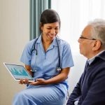Immagine fotorealistica di un'infermiera esperta e paziente che, con un sorriso rassicurante, spiega con calma un piano terapeutico a un paziente anziano seduto comodamente in una stanza d'ospedale luminosa. L'infermiera utilizza un tablet con grafici chiari e testo ingrandito. L'anziano ascolta con interesse, leggermente chino in avanti. Dettagli: obiettivo prime 35mm, profondità di campo che sfoca leggermente lo sfondo, luce naturale soffusa dalla finestra, colori caldi e accoglienti.