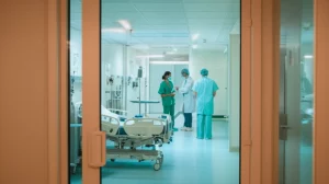 Immagine fotorealistica di un'unità di terapia intensiva respiratoria vista da un corridoio, con un letto visibile attraverso una porta a vetri, personale medico che si muove sullo sfondo, obiettivo grandangolare 24mm, luce clinica ma calda, profondità di campo che mantiene a fuoco sia il primo piano che lo sfondo.