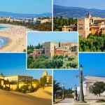 landscape wide angle 10mm, un collage vibrante che rappresenta le otto province dell'Andalusia: spiagge assolate della Costa del Sol, l'Alhambra di Granada, i cortili fioriti di Cordoba, la Giralda di Siviglia, uliveti di Jaen, dune di Huelva, fortezze di Almeria e i vigneti di Cadice, luce dorata diffusa, sharp focus, alta definizione.