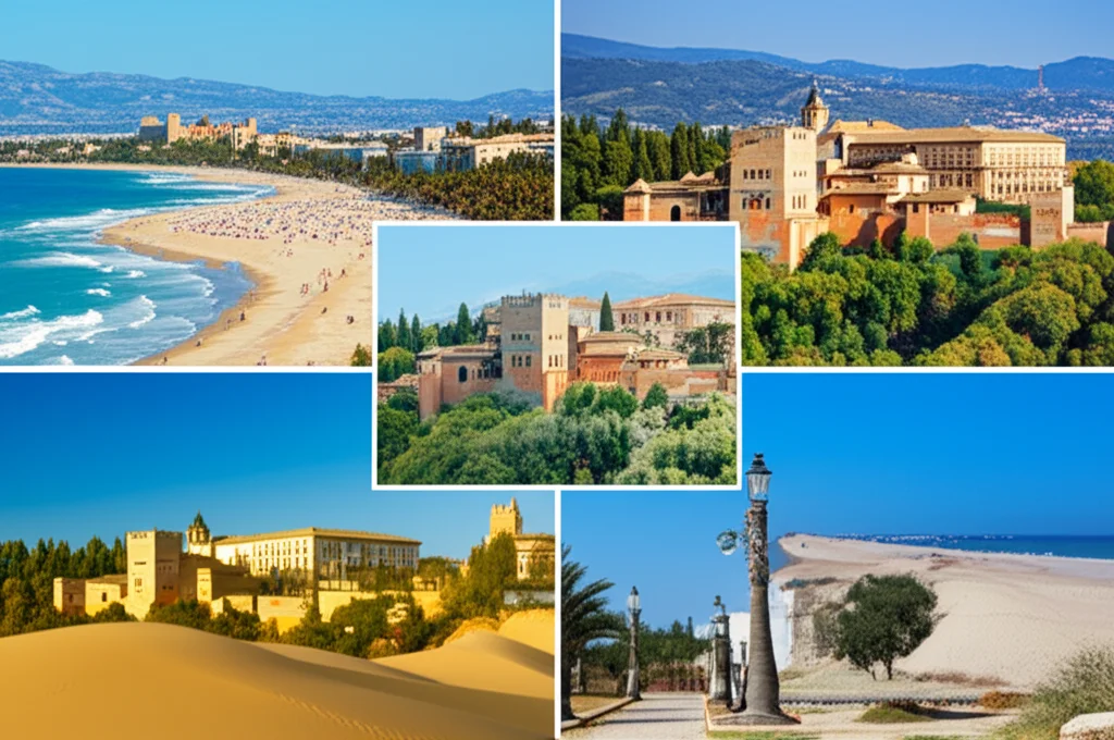 landscape wide angle 10mm, un collage vibrante che rappresenta le otto province dell'Andalusia: spiagge assolate della Costa del Sol, l'Alhambra di Granada, i cortili fioriti di Cordoba, la Giralda di Siviglia, uliveti di Jaen, dune di Huelva, fortezze di Almeria e i vigneti di Cadice, luce dorata diffusa, sharp focus, alta definizione.