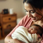 Primo piano di una madre sorridente di origine latinoamericana che tiene in braccio il suo neonato addormentato dopo l'allattamento, simbolo dei benefici dell'educazione prenatale e del legame madre-figlio. Luce calda e intima che illumina dolcemente i loro visi. Obiettivo 50mm prime, bokeh morbido sullo sfondo domestico accogliente.